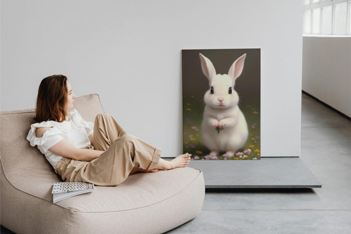 Baby Bunny Wall Art Home Decor Cute Animal Painting Living Room Art - Image 3