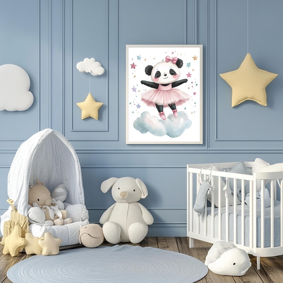 Panda Ballerina in Pink Tutu Dancing on Clouds and Stars Poster - Image 3