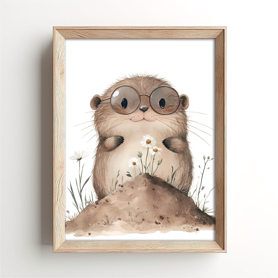 Baby Mole Wearing Round Glasses With Daisies and Mound Poster
