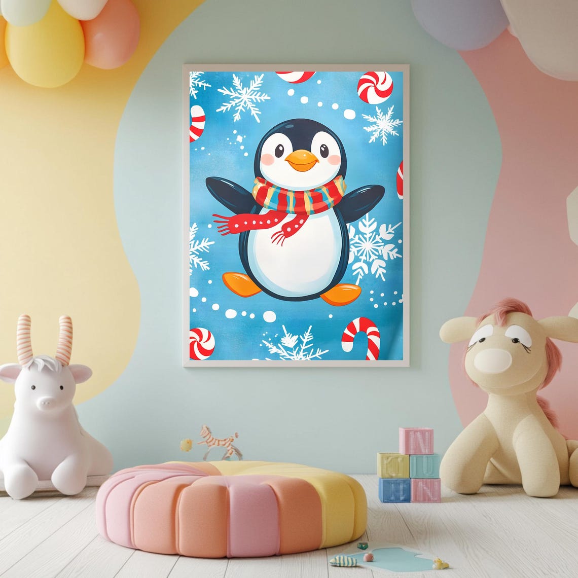 Cute Cartoon Penguin Striped Scarf Candy Cane Snowflake Winter Poster - Image 2