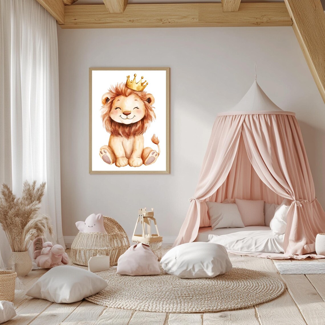 Smiling Baby Lion Wearing a Golden Crown Watercolor Nursery Poster - Image 5