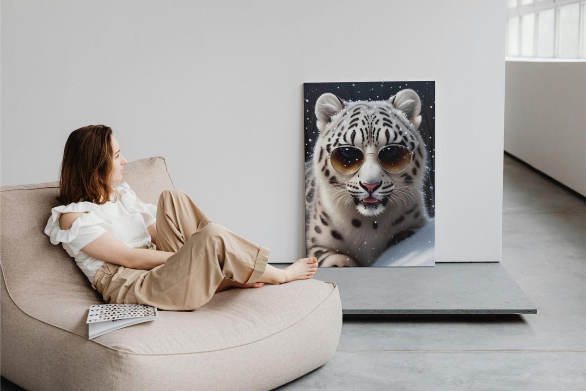 Baby Snow Leopard Wall Art Home Decor Cute Animal Painting Living Room Art - Image 3