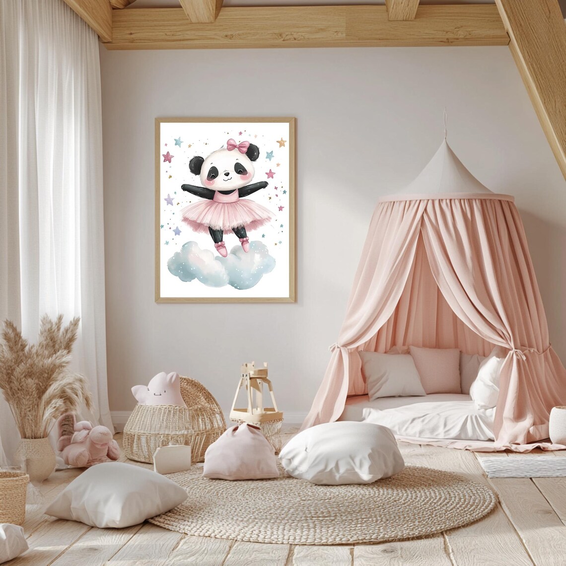 Panda Ballerina in Pink Tutu Dancing on Clouds and Stars Poster - Image 5