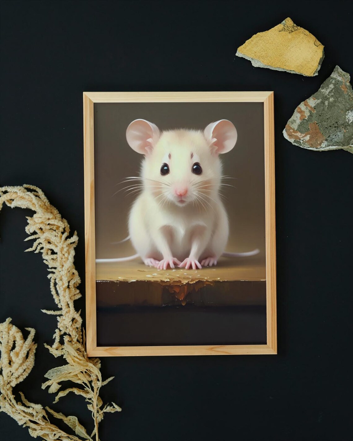 Adorable Baby White Mouse Big Pink Ears Wooden Ledge Portrait Poster