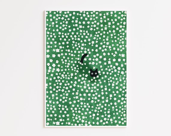 Black Cat in Daisies Meadow, Hand Drawn Poster