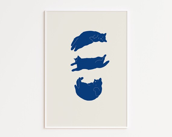 Three Lazy Blue Cat Silhouettes Minimal Cream Background Cute Cat Poster