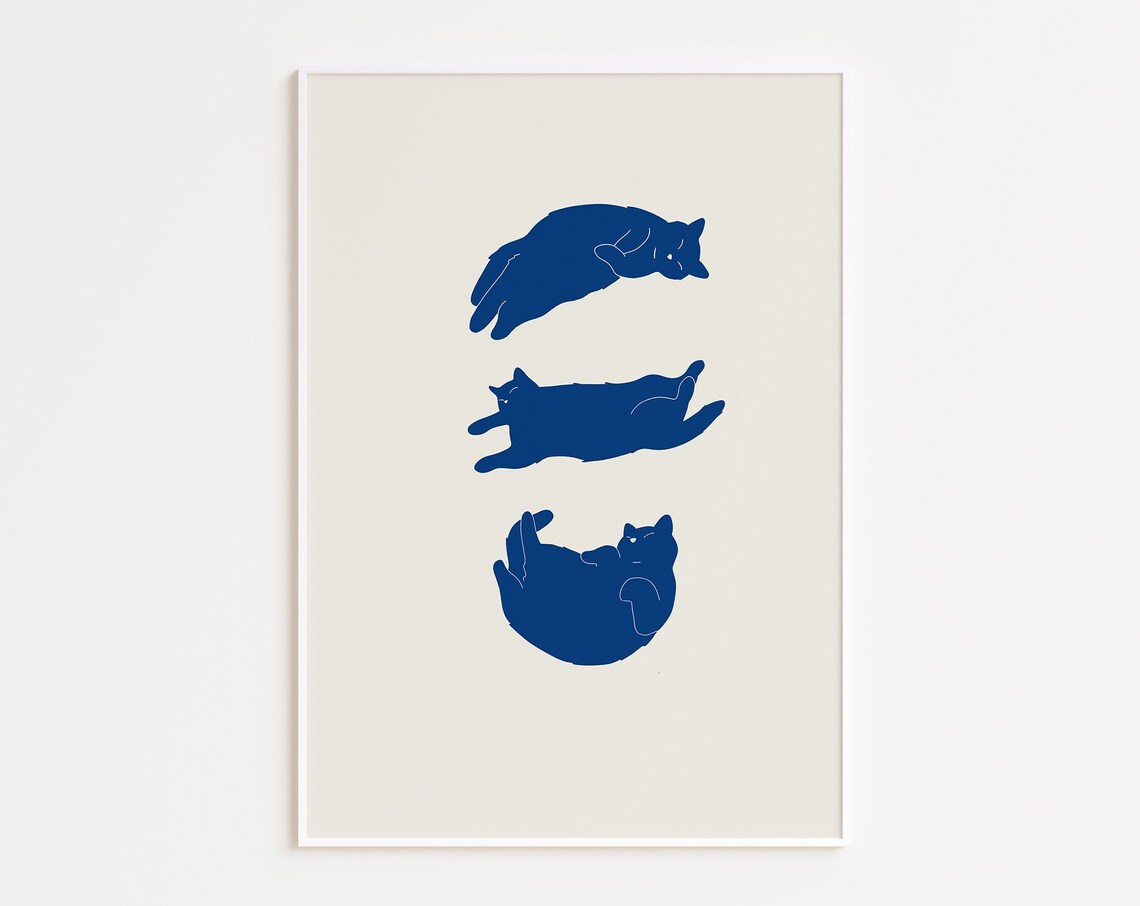 Three Lazy Blue Cat Silhouettes Minimal Cream Background Cute Cat Poster
