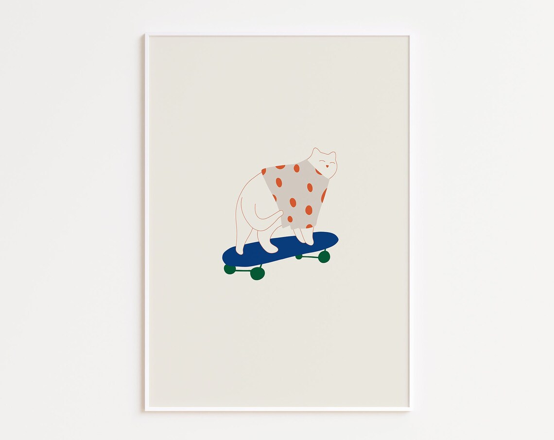 Cat Riding Skateboard Polka Dot Sweater Minimalist Cute Animal Art Poster