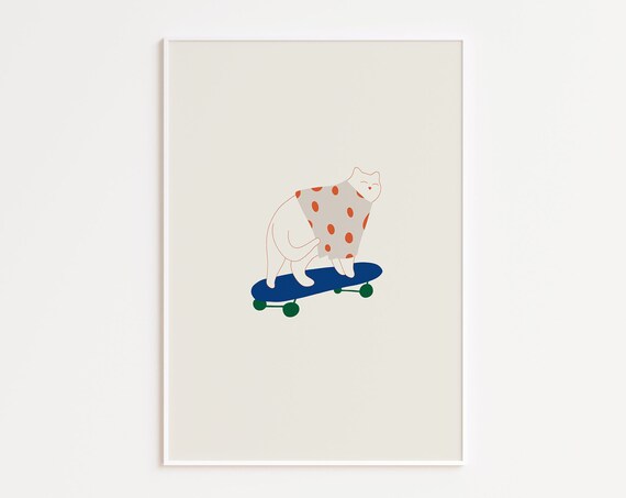 Cat Riding Skateboard Polka Dot Sweater Minimalist Cute Animal Art Poster
