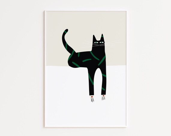 Black Cat Green Stripes Mid Century Modern Minimalist Boho Art Poster