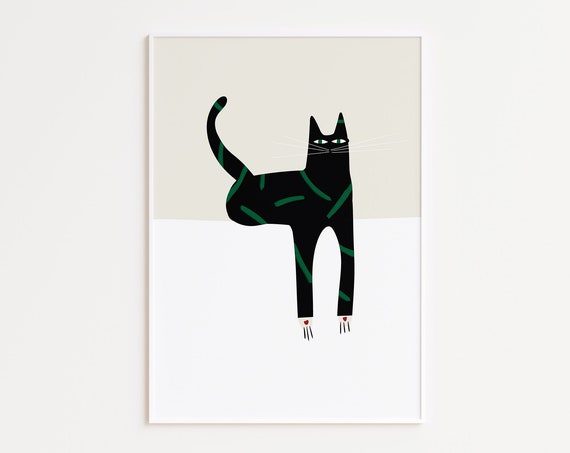 Retro Black Cat Print Mid Century Modern Art Boho Wall Scandinavian Abstract Poster Pet Illustration