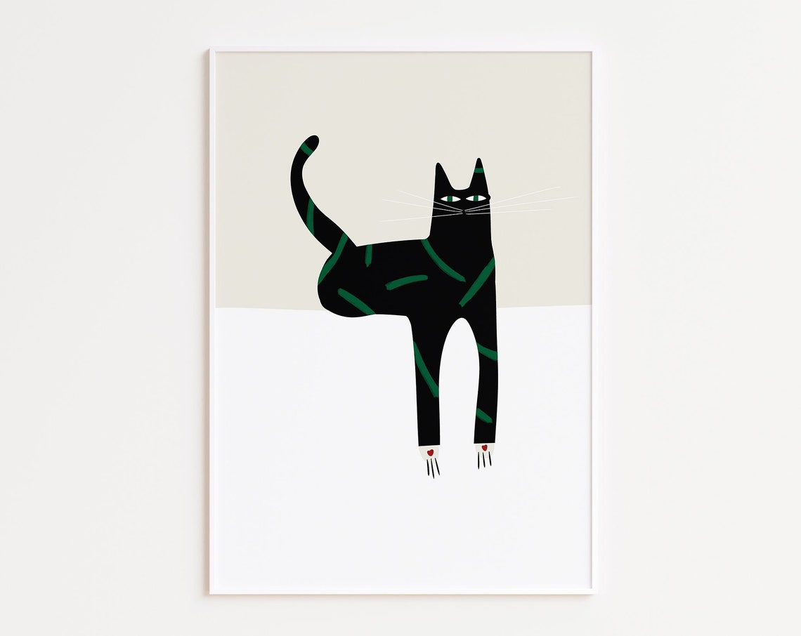 Black Cat Green Stripes Mid Century Modern Minimalist Boho Art Poster