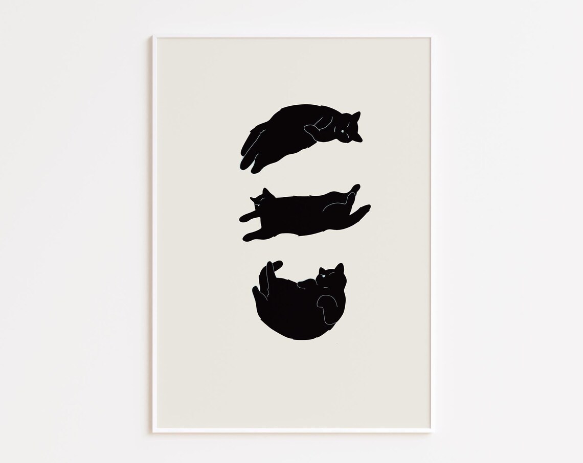 Three Lazy Black Cat Silhouettes Minimal Cream Background Cute Cat Poster