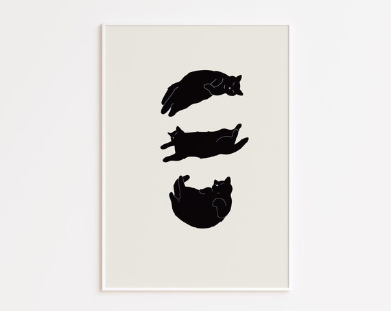 Cat Wall Art Lazy Illustrated Print Lover Minimal Gift Poster Cute Abstract