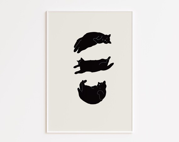 Three Lazy Black Cat Silhouettes Minimal Cream Background Cute Cat Poster