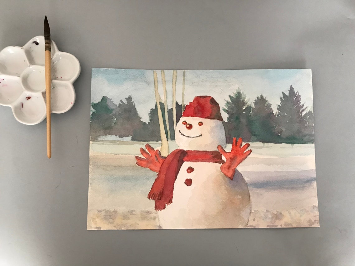 Cheerful Snowman Waving in Red Hat and Scarf Winter Scene Poster - Image 4