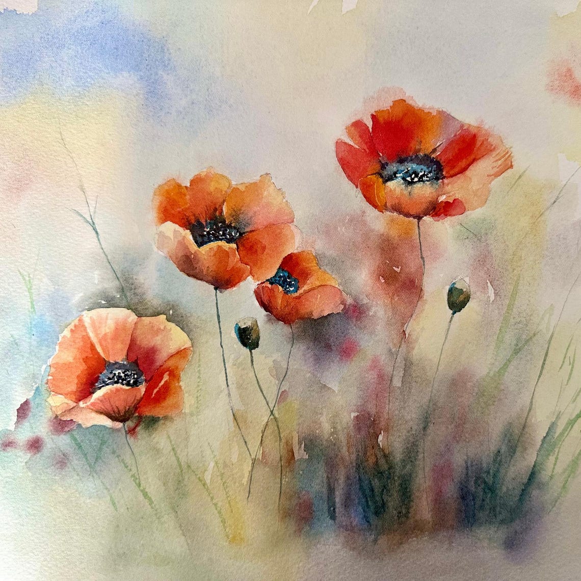 Orange Red Poppies in Soft Misty Morning Light Watercolor Poster - Image 3