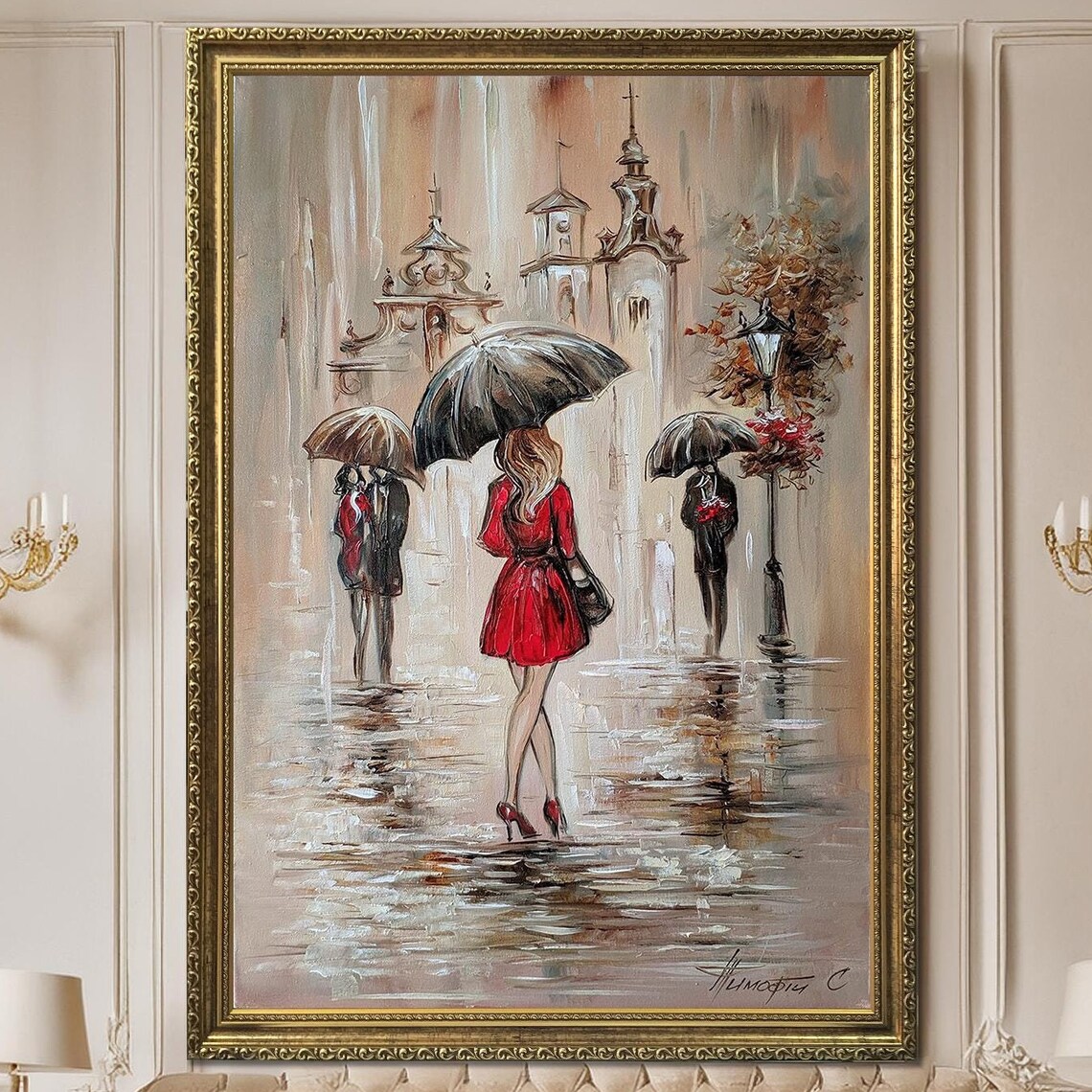 Woman In Red Dress With Umbrella Rainy Day Street Painting Print - Image 3