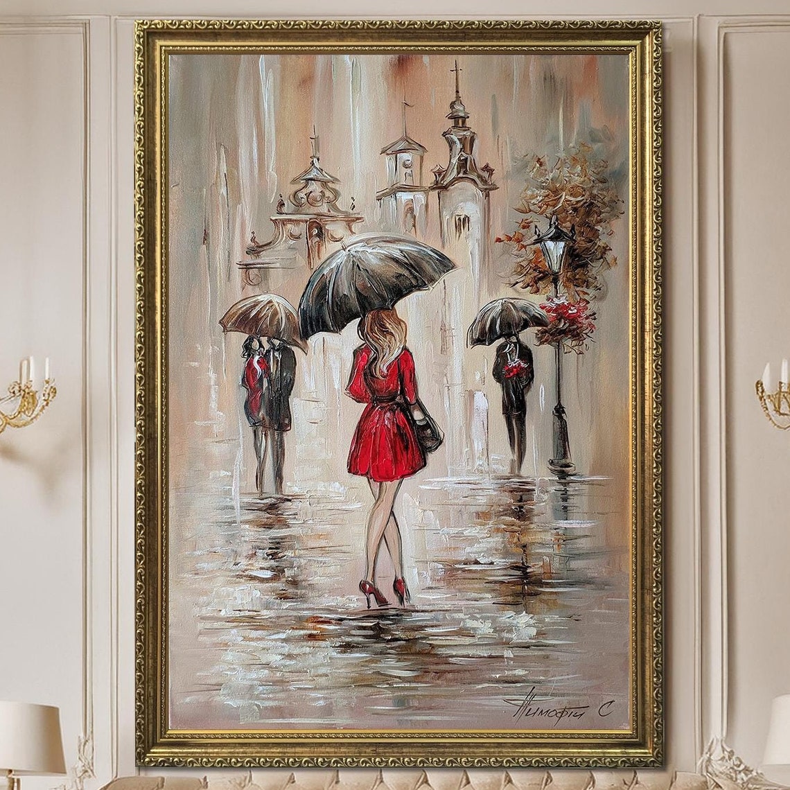 Woman Walking In The Rain Painting Girl With Umbrella Painting Rainy Day Wall Art Rainy Street Art Woman With Umbrella Red Dress Painting - Image 3