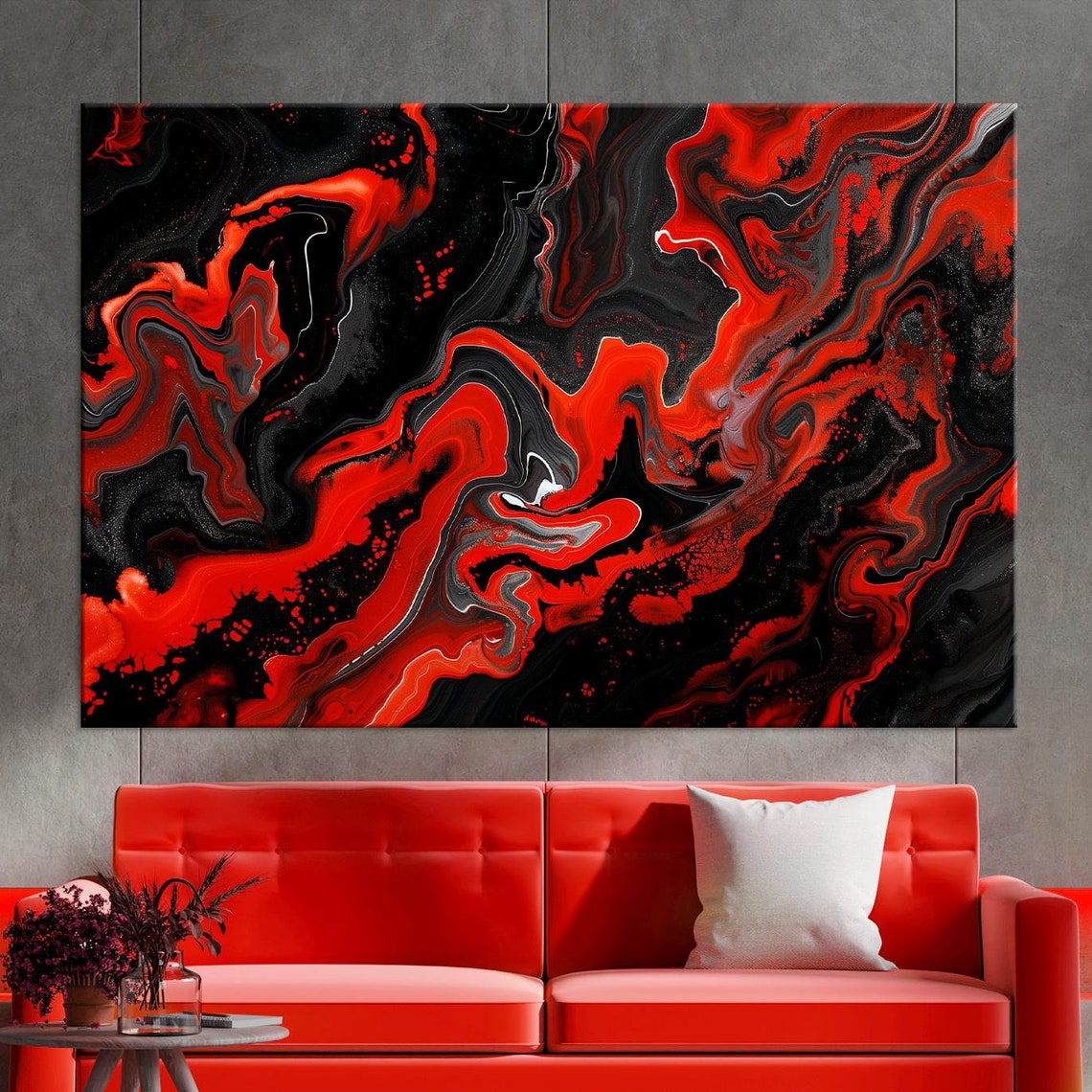 Red Black Marble Swirl Abstract Fluid Art Modern Luxury Wall Art Print