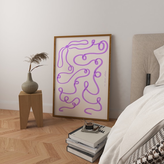 Purple Bow Art Print Poster Hand Drawn Trendy Retro Heart Illustration Mid Century Apartment Decor Modern Wall