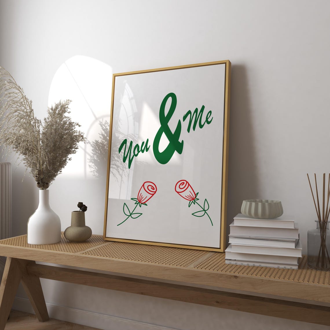 You and Me Green Script with Red Roses Romantic Couples Poster
