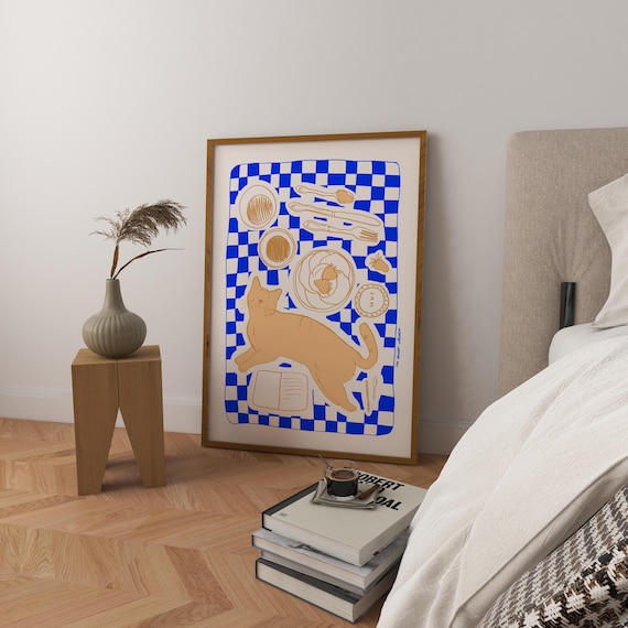 Cat Picnic Art Print Poster Vintage Trendy Retro Illustration Mid Century Modern Kitchen Wall Lover