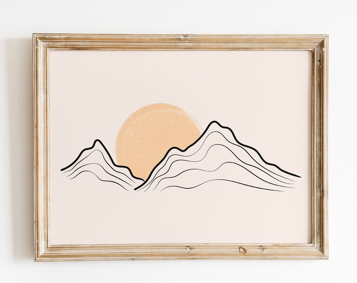 Line Art Mountains Ochre Sun Minimalist Desert Sunset Nature Poster