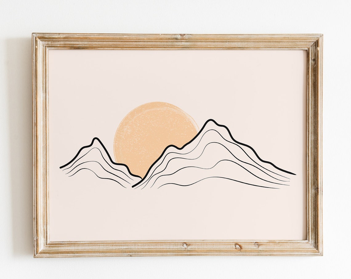 Mountain And Sun Art Print Minimalist Line Landscape Drawing Wall