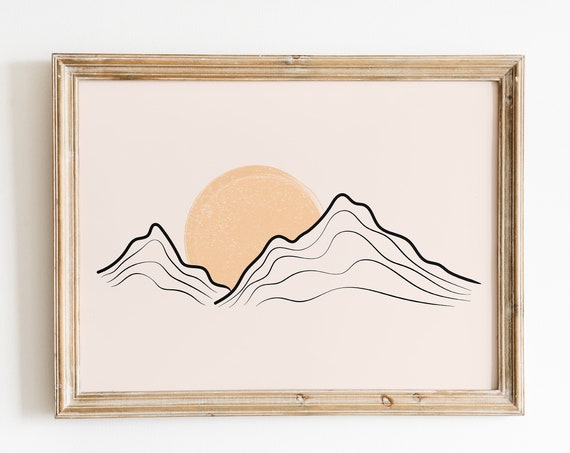 Mountain And Sun Art Print Minimalist Line Landscape Drawing Wall