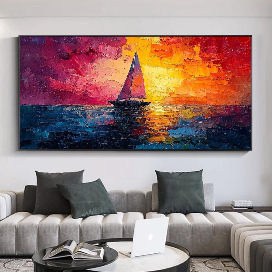 Sailboat With Purple Sails Under Magenta Orange Sunset Sky Poster