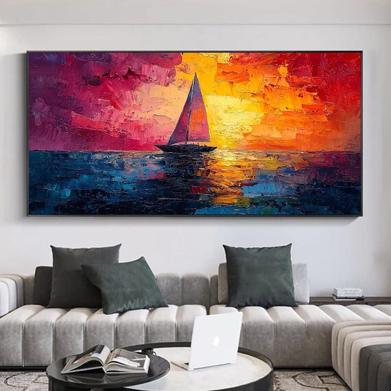Original Nautical Sailboat Oil Painting On Abstract Sunset Painting Large Wall Art Custom Minimalist Painting Living Room Home Decor