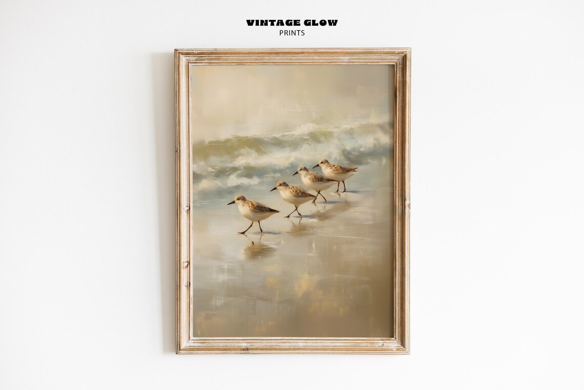 Vintage Sandpiper Birds Art Print, Coastal Seascape