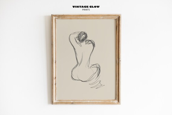 Vintage Female Figure Line Art Print Minimalist Sketch Wall Decor Neutral Farmhouse Sitting Woman Drawing Instant