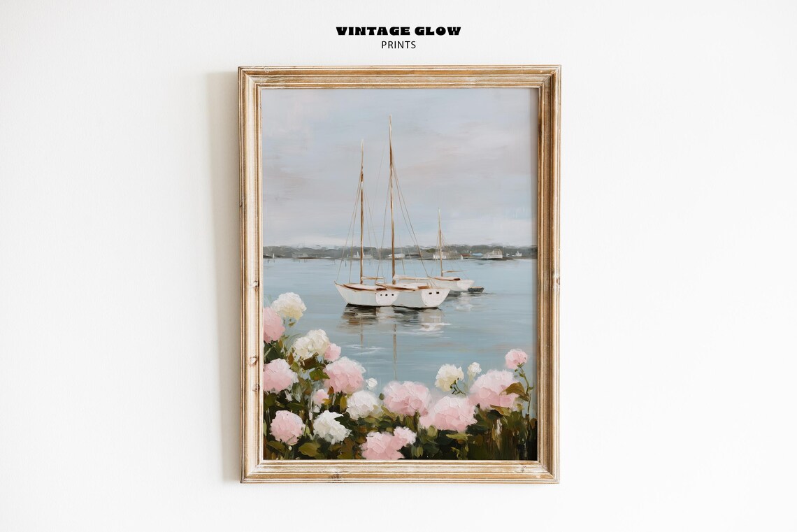 Sailboats Hydrangeas Coastal Nautical Art Print