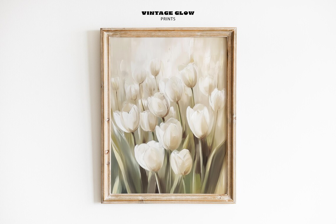 White Tulips Vintage Floral Art Print for Nursery