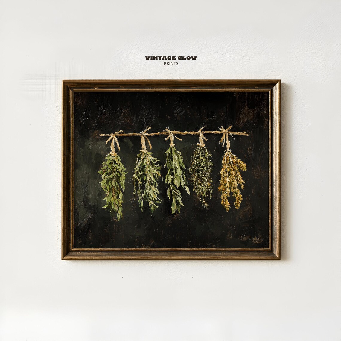 Antique Dried Herbs Hanging Art Print, Rustic Kitchen