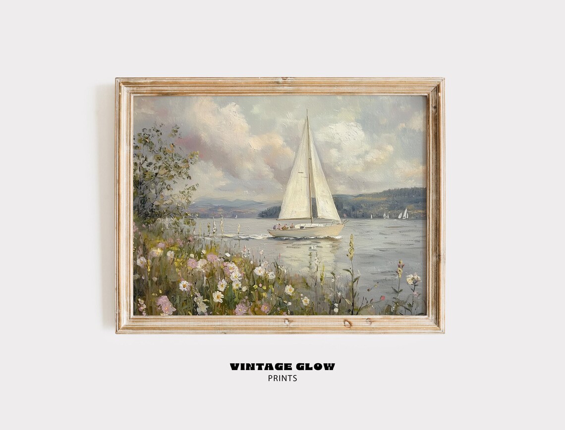 Spring Landscape Coastal Wildflowers Sailboat Art Print