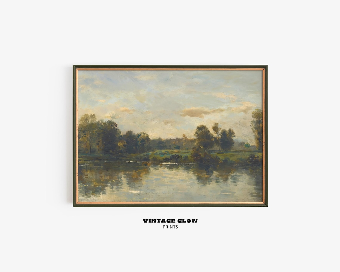 Vintage River Landscape Print, Rustic Living Room Decor