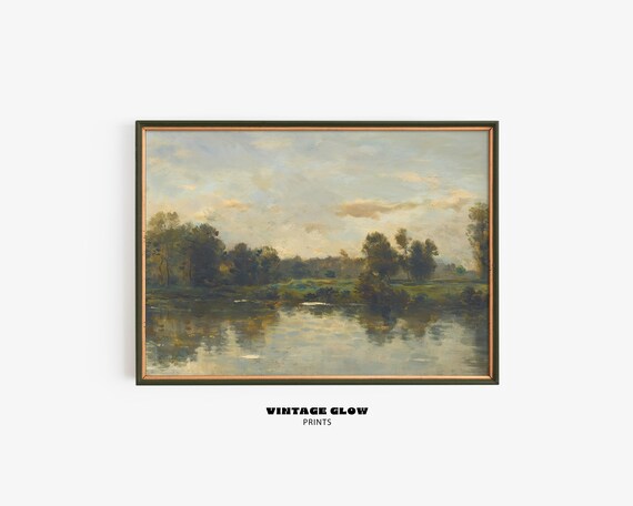 Vintage River Landscape Print, Rustic Living Room Decor