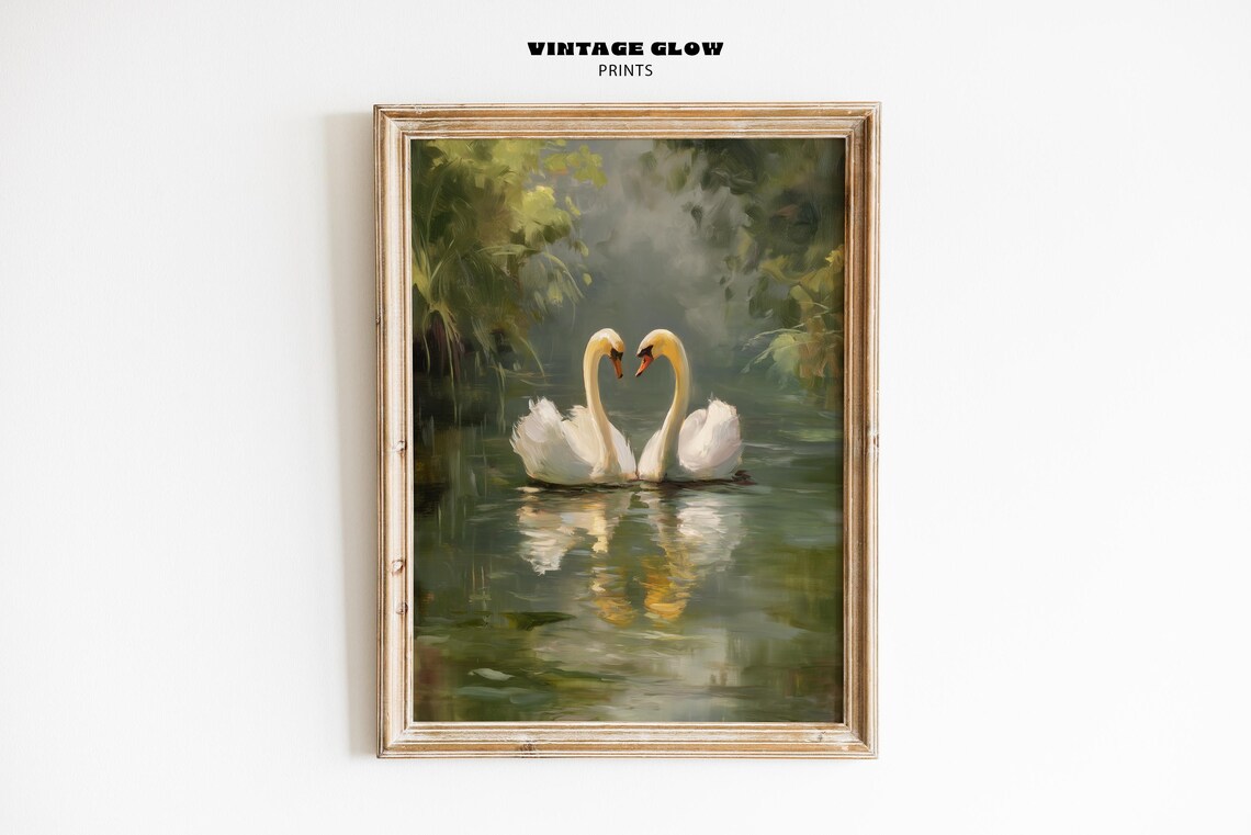 Vintage Swan Couple Print, Neutral Moody Farmhouse