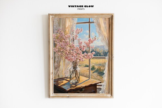 Spring Cherry Blossom Window Still Life Wall Art Pink Floral Decor