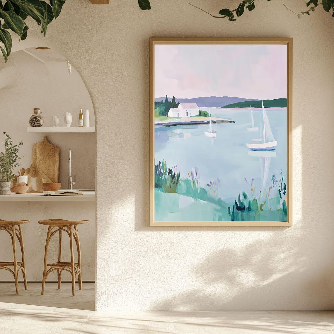 Sailboats On A Calm Harbor Pastel Coastal Seaside Art Poster - Image 3