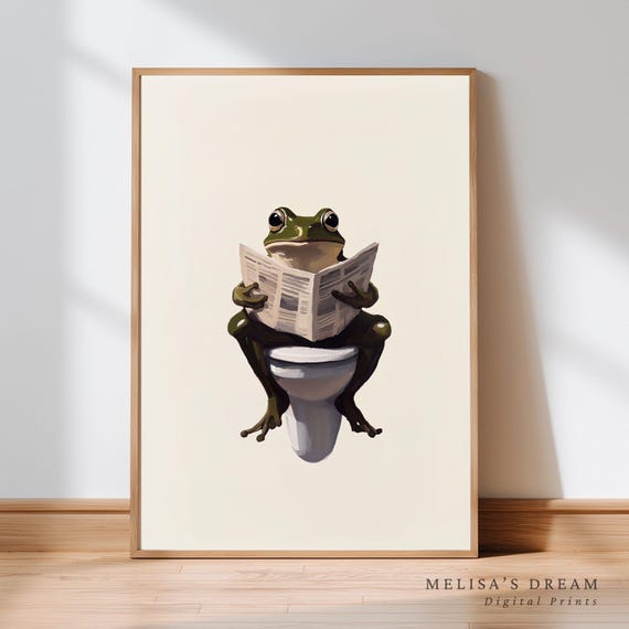 Funny Frog Bathroom Wall Art Quirky On Toilet With Newspaper Humorous Animal Whimsical Decor