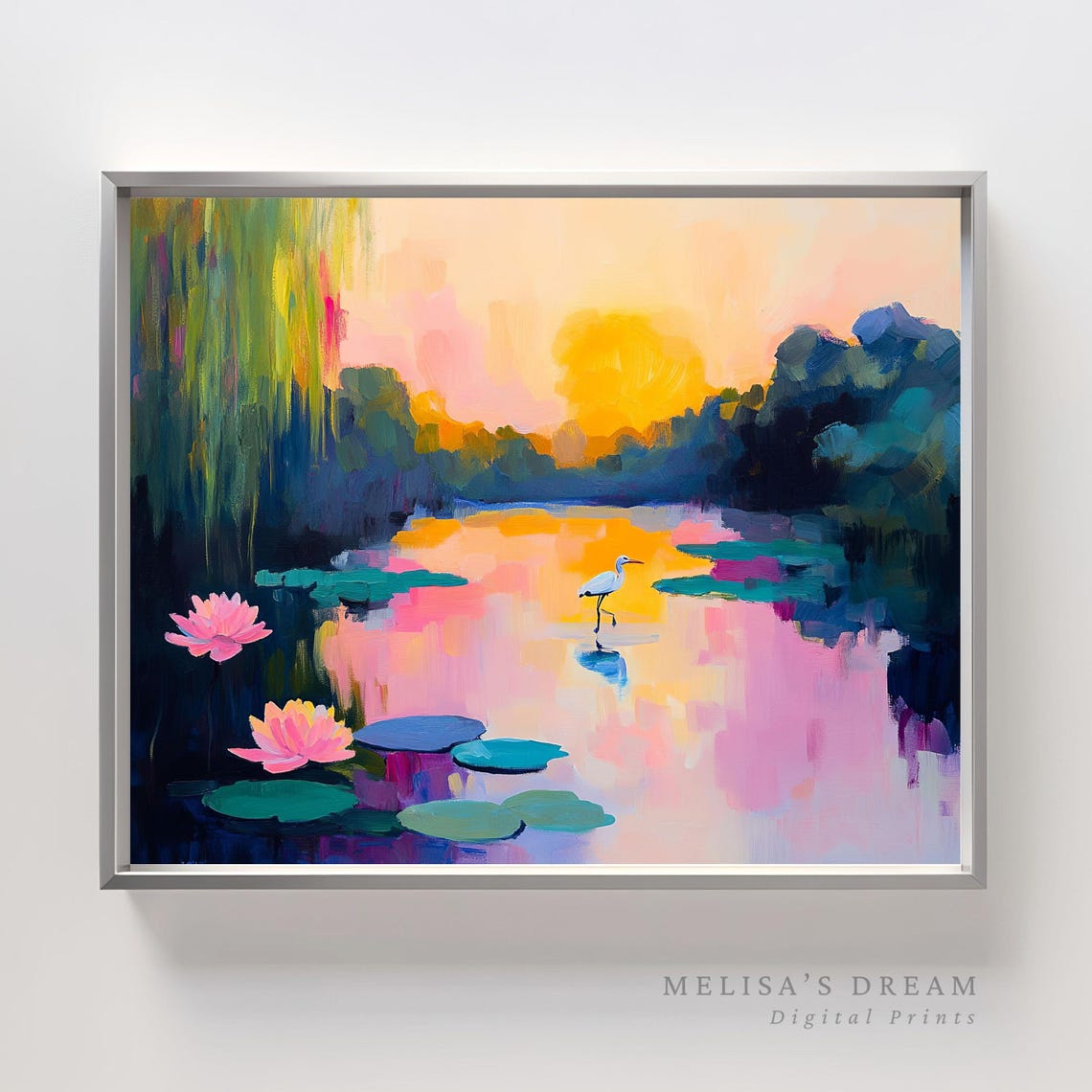 White Heron Sunset Over Pond Lily Impressionist Oil Painting Print