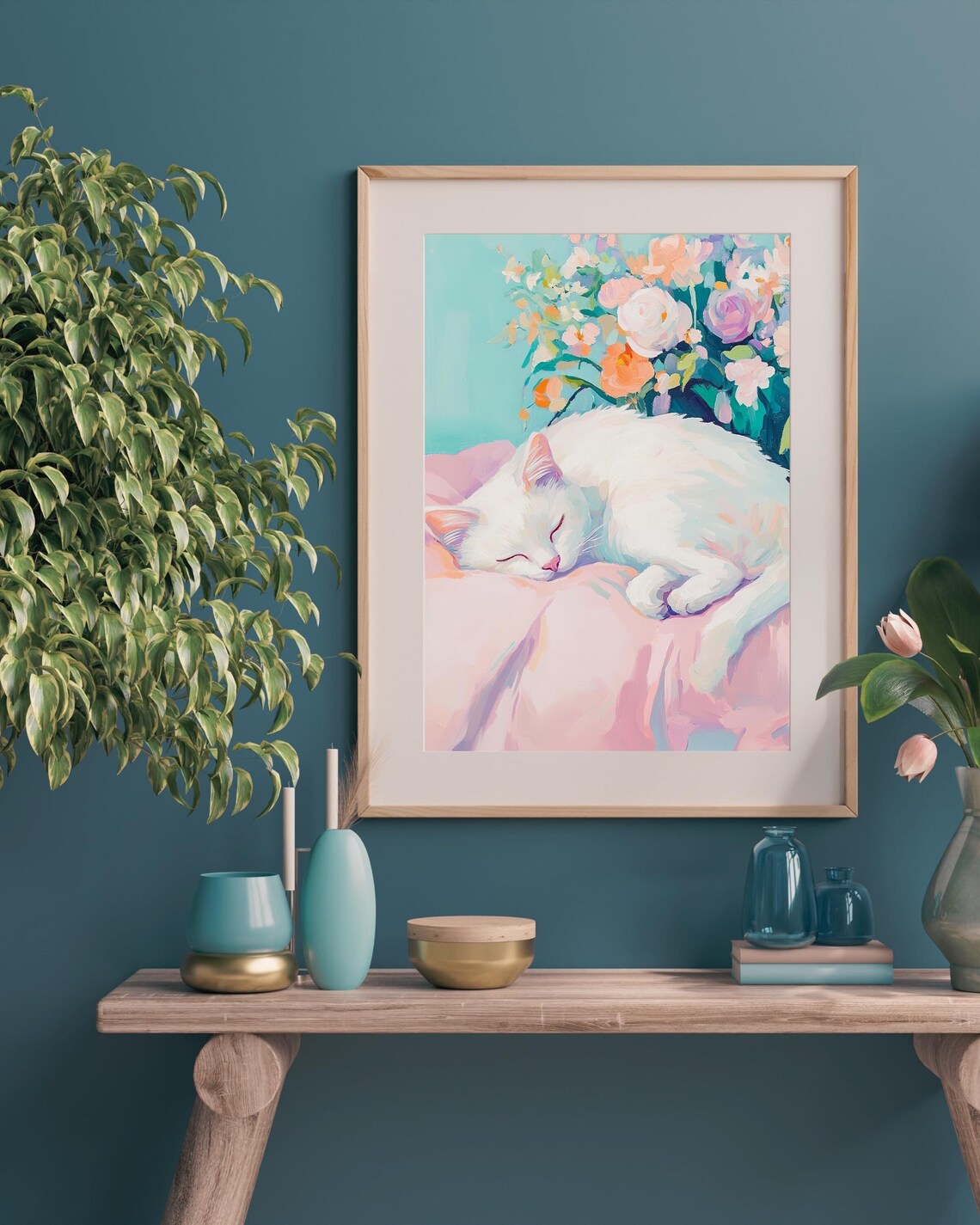 Sleeping White Cat Pastel Floral Bouquet Cat Lover Gift Poster - Image 3