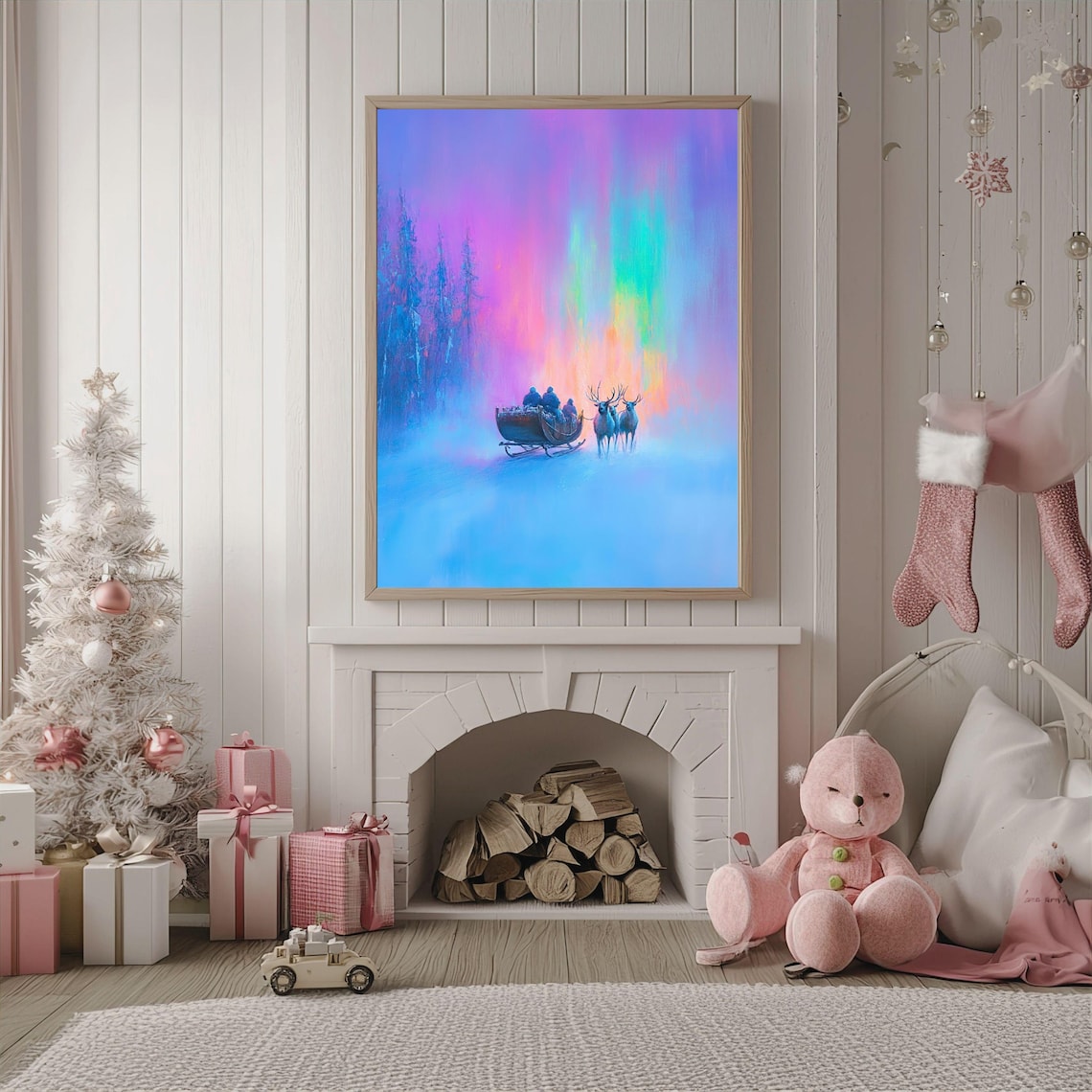Christmas Sleigh Ride Reindeer Aurora Borealis Print - Image 2