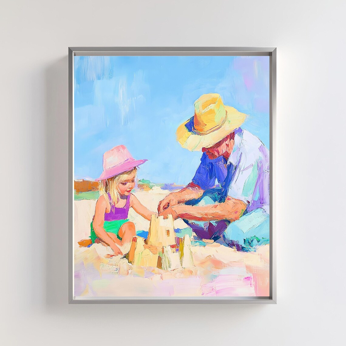 Beach Sandcastle, Grandfather And Child Scene Art Print