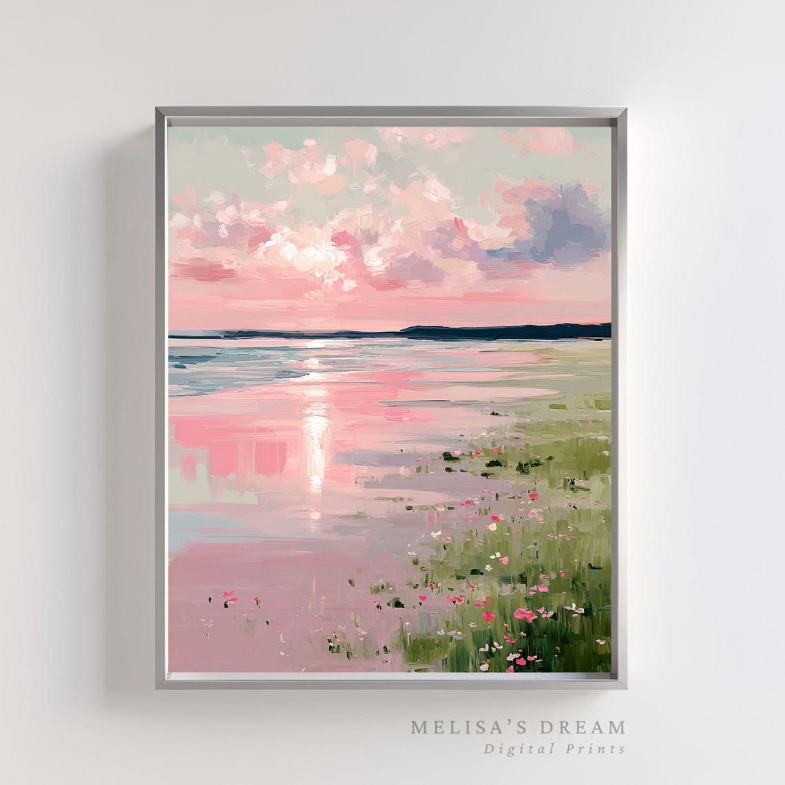 Pink Sunset Over the Sea with Wildflowers Impressionist Coastal Poster