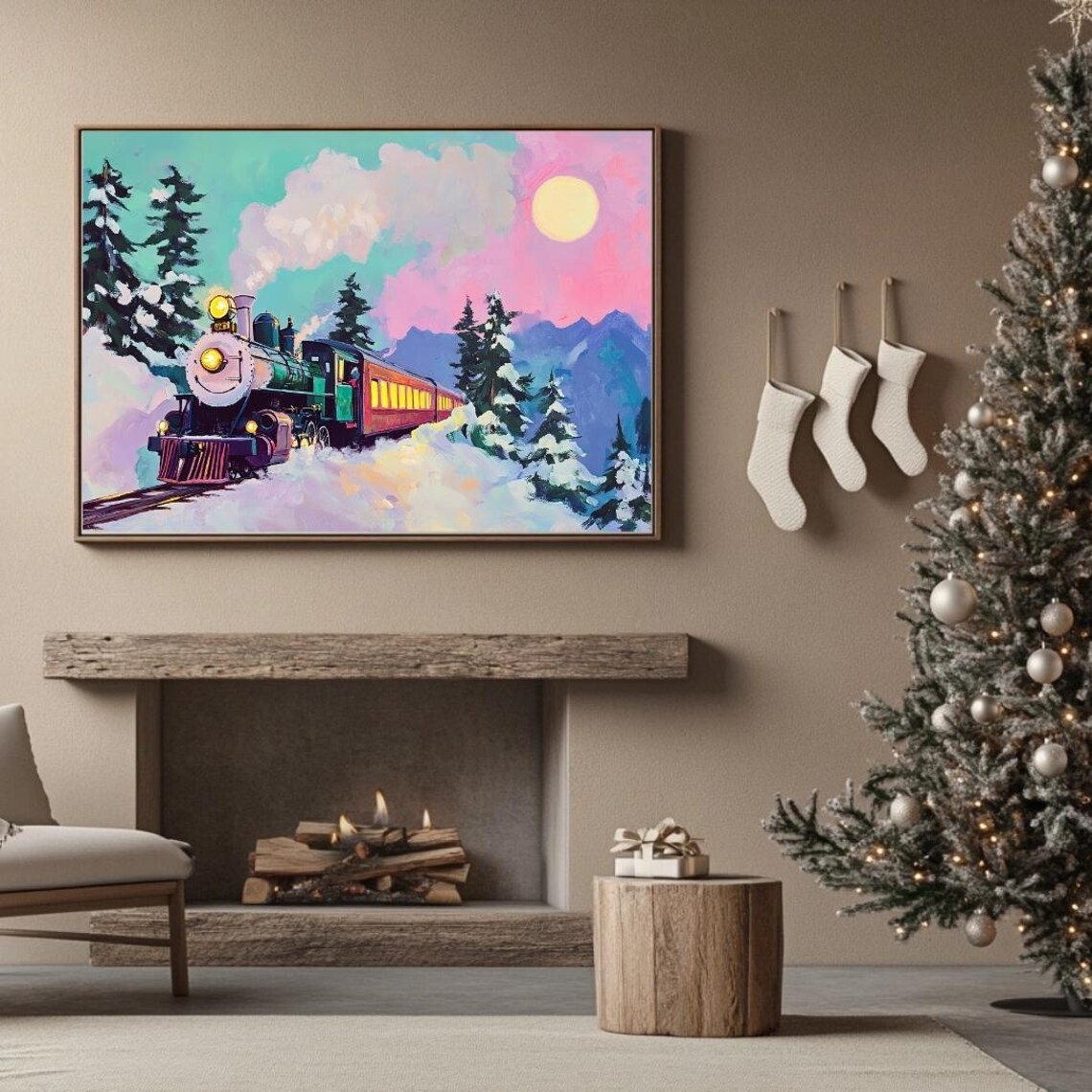 Christmas Steam Train In Snowy Mountains At Sunrise Holiday Poster - Image 2